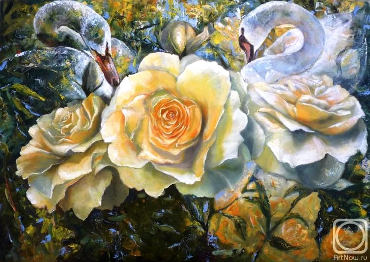 Лебеди и розы - , лебеди, розочки, цветы, лебедь, птицы, грация, розы - оригинал