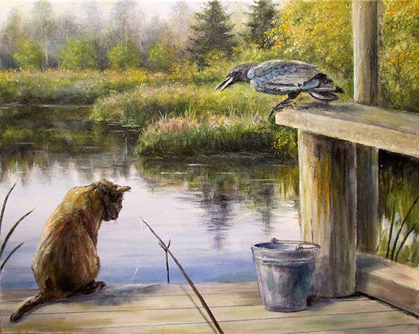 рыболов - картина, красота, живопись, лето, птицы, животные, вода, кошки - оригинал