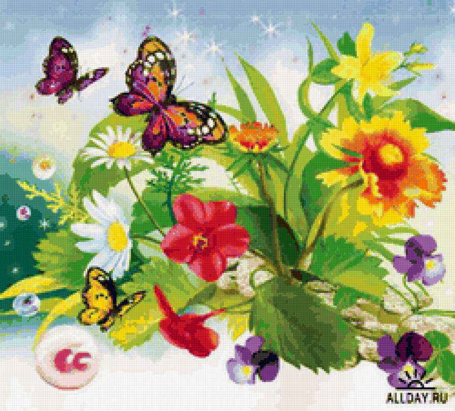 Бабочки и цветы - пейзаж, цветы, живопись, бабочки - предпросмотр