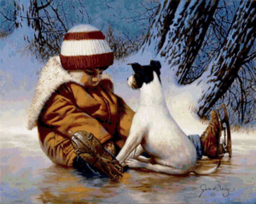 На катке - пейзаж, живопись, дети, животные - предпросмотр