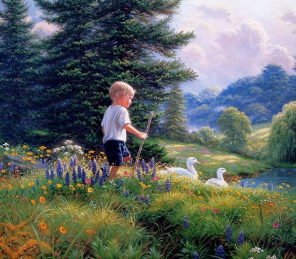 Мальчик и гуси - пейзаж, птицы, дети, живопись - оригинал