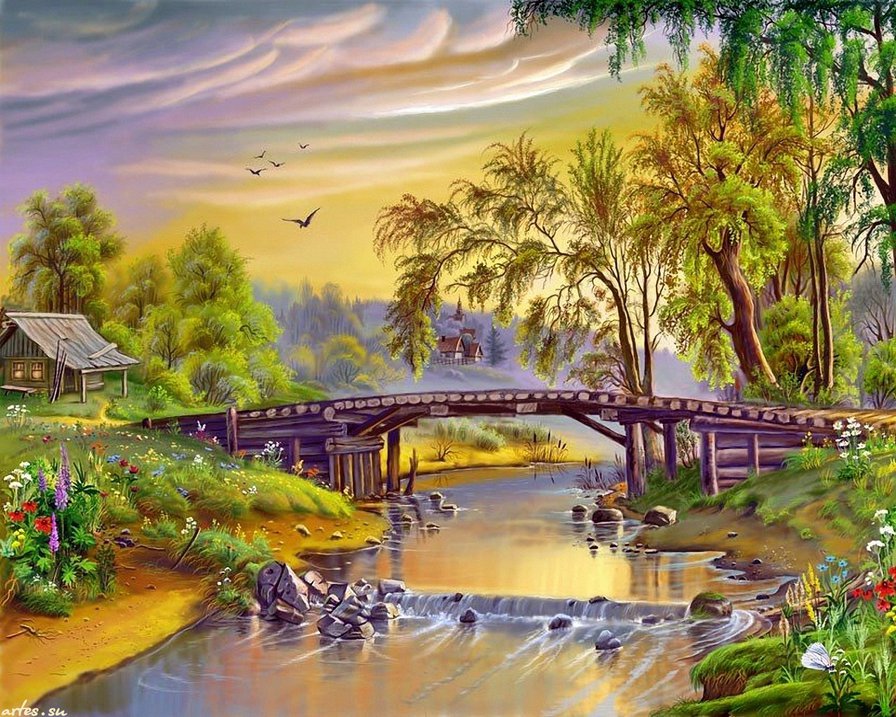 Старый мост - пейзаж, река, дом, вечер, лес, природа, мост - оригинал