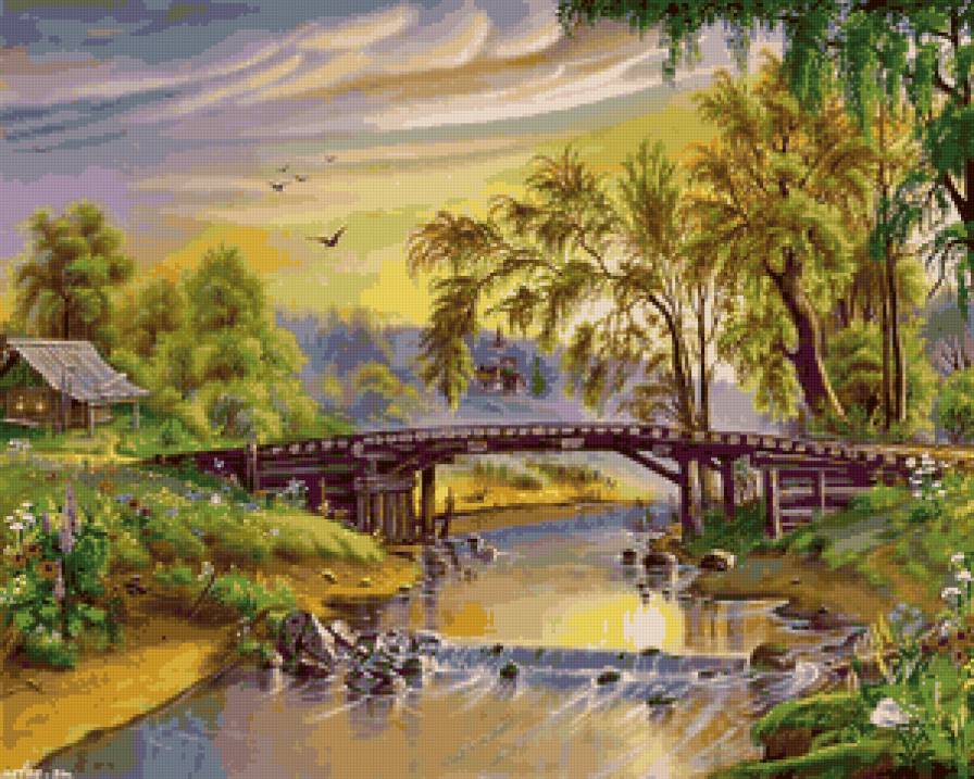 Старый мост - пейзаж, вечер, дом, мост, природа, лес, река - предпросмотр