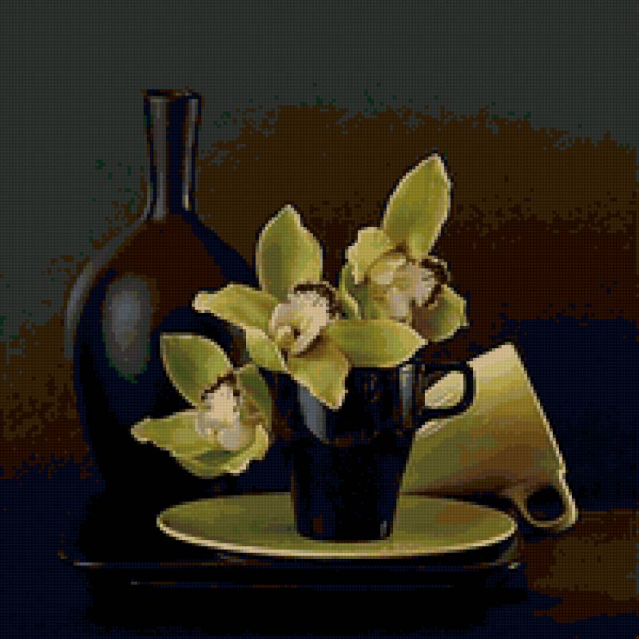 натюрморт - орхидеи, натюрморт, бокалы - предпросмотр