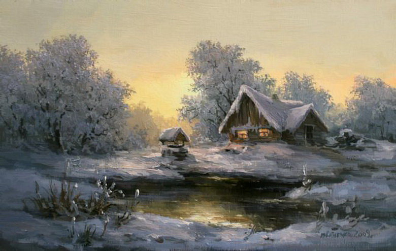 пейзаж - пейзаж, природа, зима, деревня - оригинал