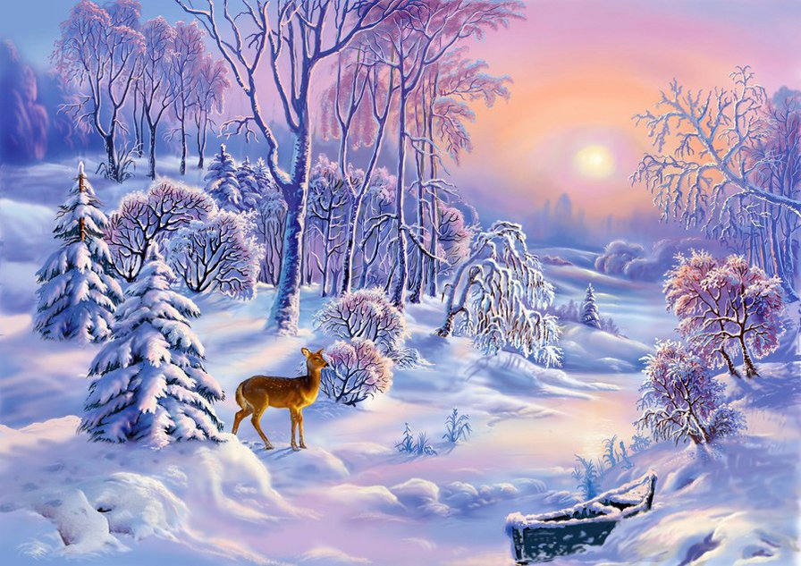 в лесу - природа, олени, лес, зима, пейзаж, картина - оригинал