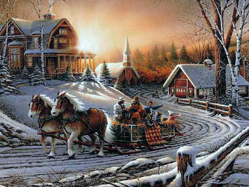 картина - село, деревня, , зима, пейзаж, снег, упряжка, дом - оригинал