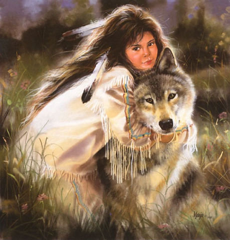 Девочка и волк - девочка, животные, живопись, пейзаж - оригинал