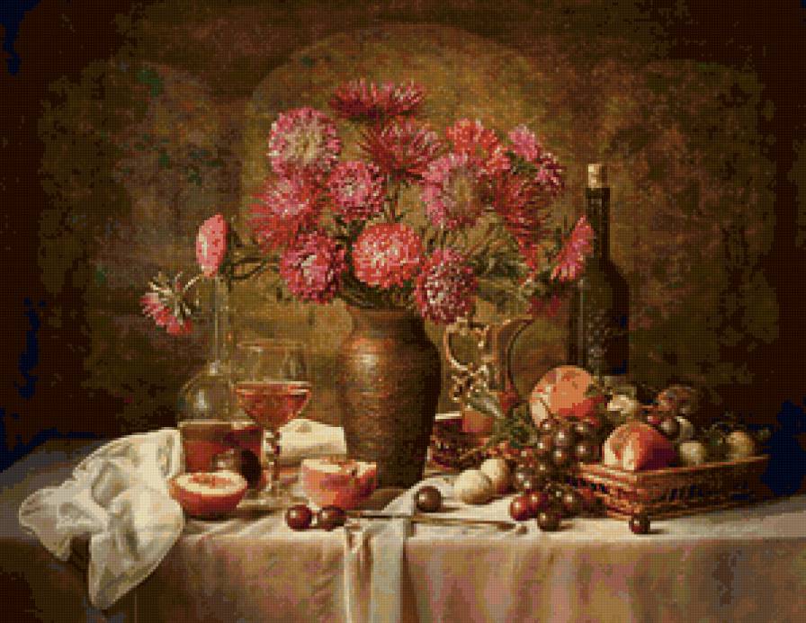 натюрморт - фрукты, цветы, вино, букет, натюрморт - предпросмотр