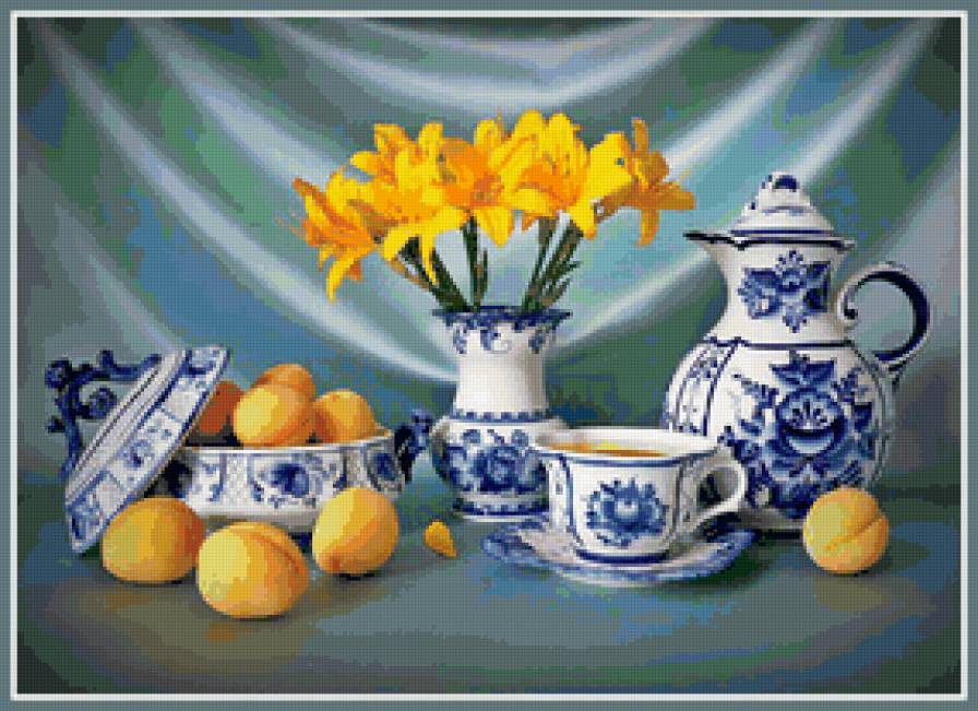 гжель - натюрморт, цветы, персик, нарцисс - предпросмотр