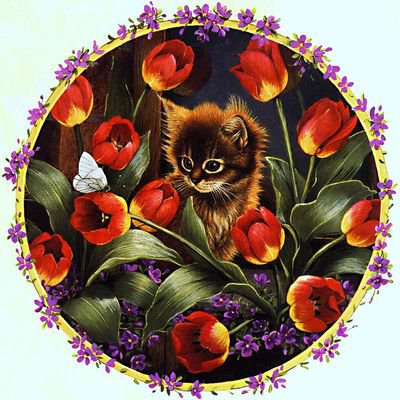 Котенок - коты, живопись, цветы, животные - оригинал