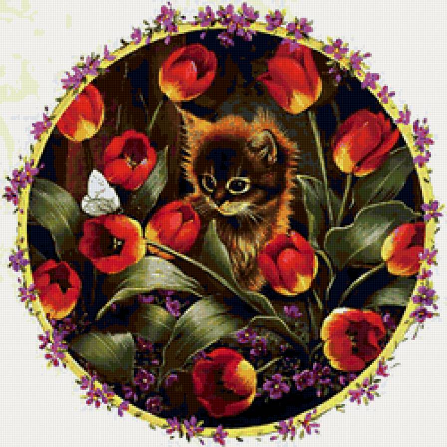 Котенок - коты, цветы, животные, живопись - предпросмотр