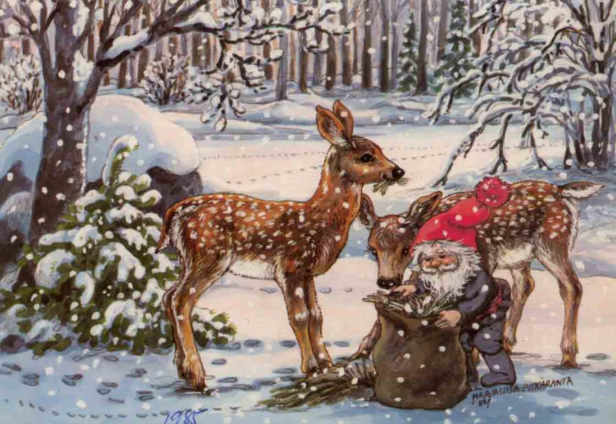 сказка - олени, зима, гном, оленята, детям, картина, гномики, гномик, лес - оригинал