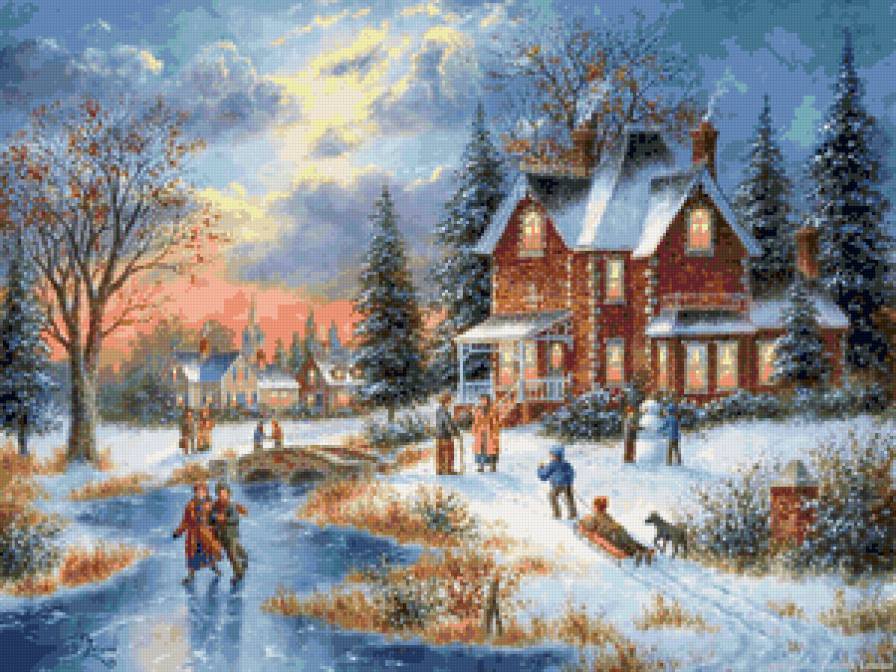 картина - пейзаж, дети, зима, каток, природа - предпросмотр