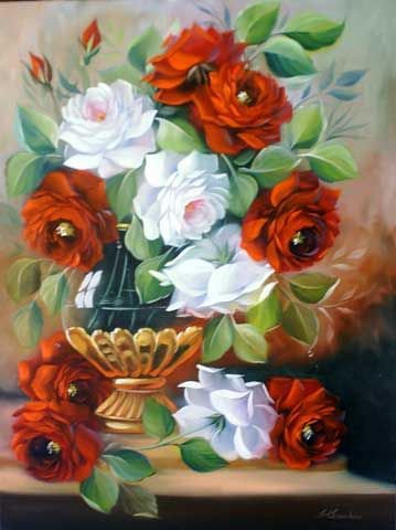 Розы - цветы, живопись, ваза, букет - оригинал