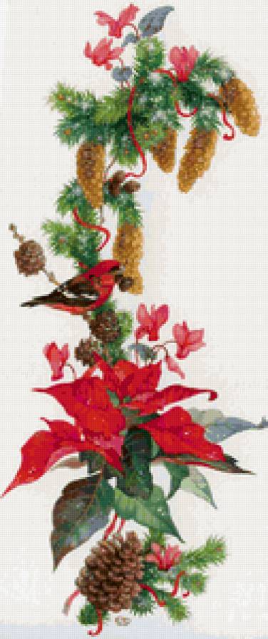 Цветочное панно - зима, снегирь, птицы, природа, рождество, цветы, шишки - предпросмотр