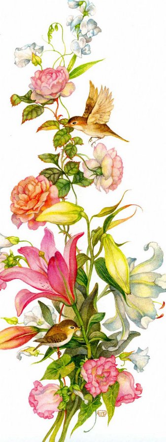 Цветочное панно - листья, природа, птицы, цветы - оригинал