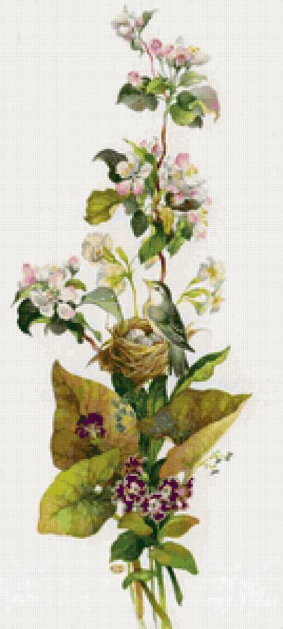 Цветочное панно - весна, птицы, природа, цветы, листья - предпросмотр