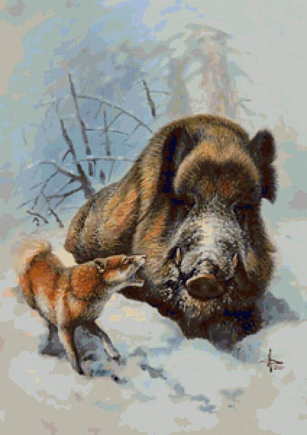 охота с лайкой - собака, охота, природа, снег, кабан, зима - предпросмотр