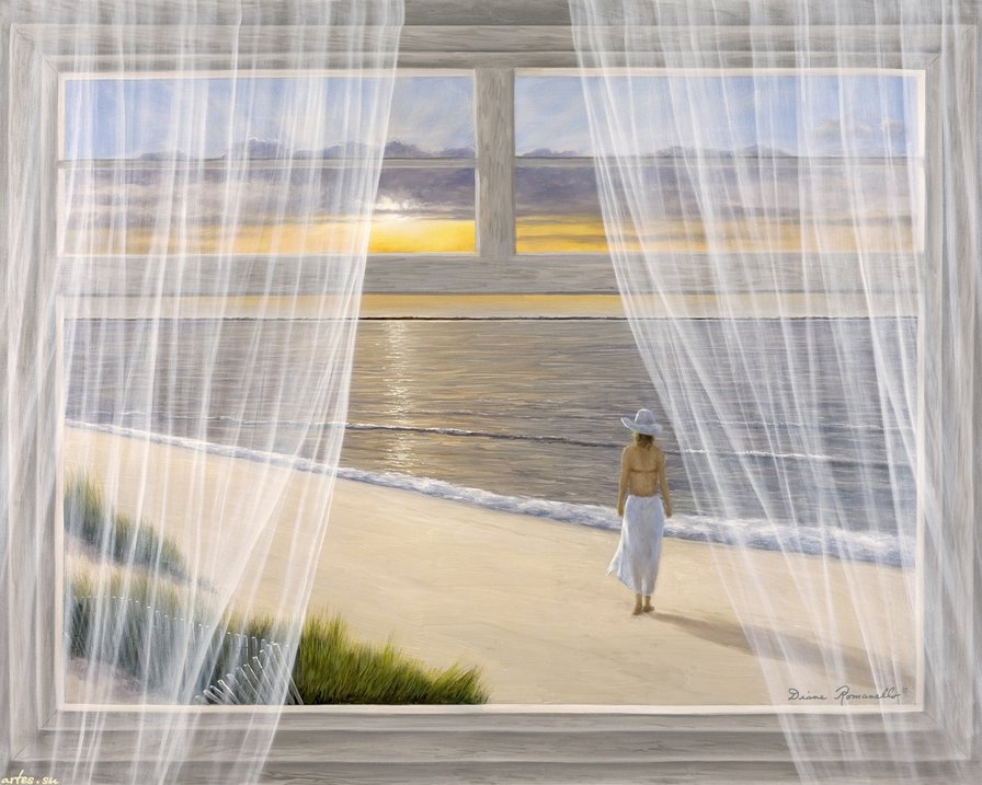 Вид из окна - берег, закат, побережье, море, девушка, вид из окна, пейзаж - оригинал