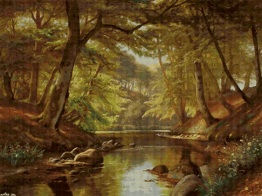 Ручей в лесу - пейзаж, картина, природа, ручей, лето, лес - предпросмотр