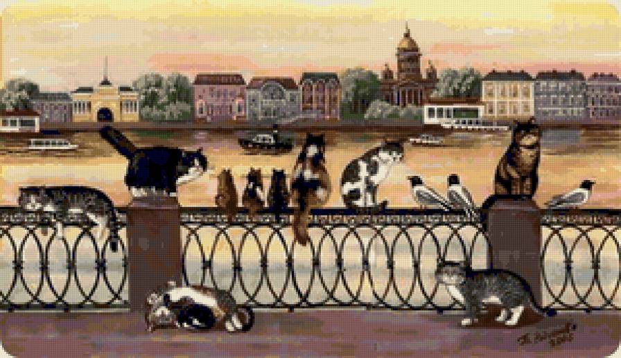 кошки - кошки, коты, живопись, дома, животные, город - предпросмотр