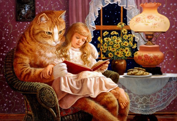 За чтением сказки - ребенок, книга, сказка, девочка, кот - оригинал