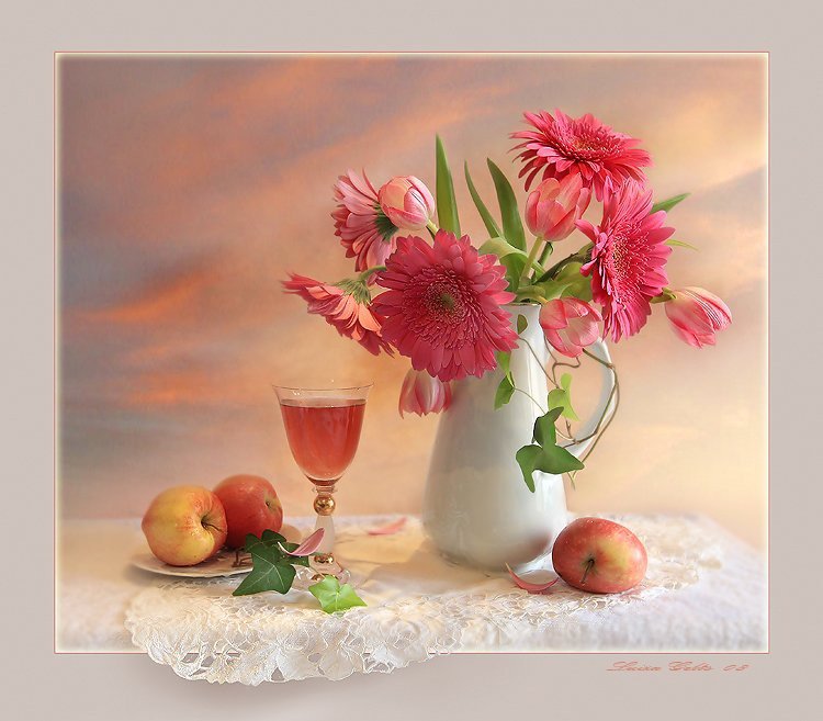 натюрморт - букет, цветы, вино, фрукты, натюрморт - оригинал
