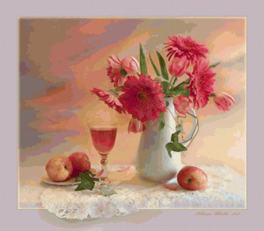 натюрморт - цветы, натюрморт, букет, вино, фрукты - предпросмотр