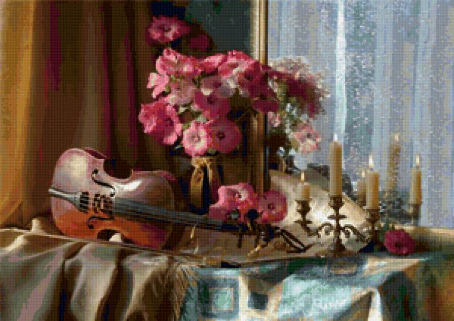 Музыкальный натюрморт - музыка, цветы, картина, музыкальные инструменты - предпросмотр