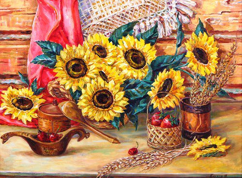Натюрморт с подсолнухами - подсолнухи, цветы, натюрморт, подсолнух, полевые цветы - оригинал