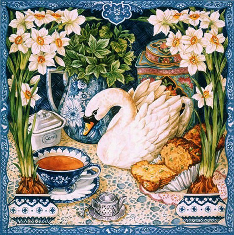 Цветы и лебедь - лебедь, грация, цветы, чай, посуда, фарфор, натюрморт - оригинал