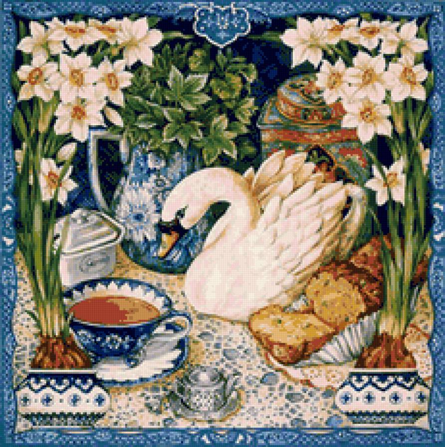 Цветы и лебедь - посуда, фарфор, натюрморт, лебедь, цветы, чай, грация - предпросмотр