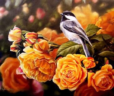 Синичка и розы - пушистые птички, птицы, птичка, цветы, розы, синичка, природа - оригинал