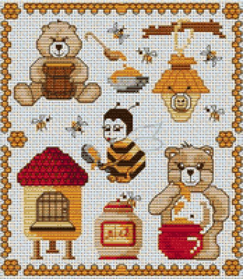 Медовая сказка - мини-вышивки, мед, сказка, пчелка, детская картина, медвежонок - предпросмотр