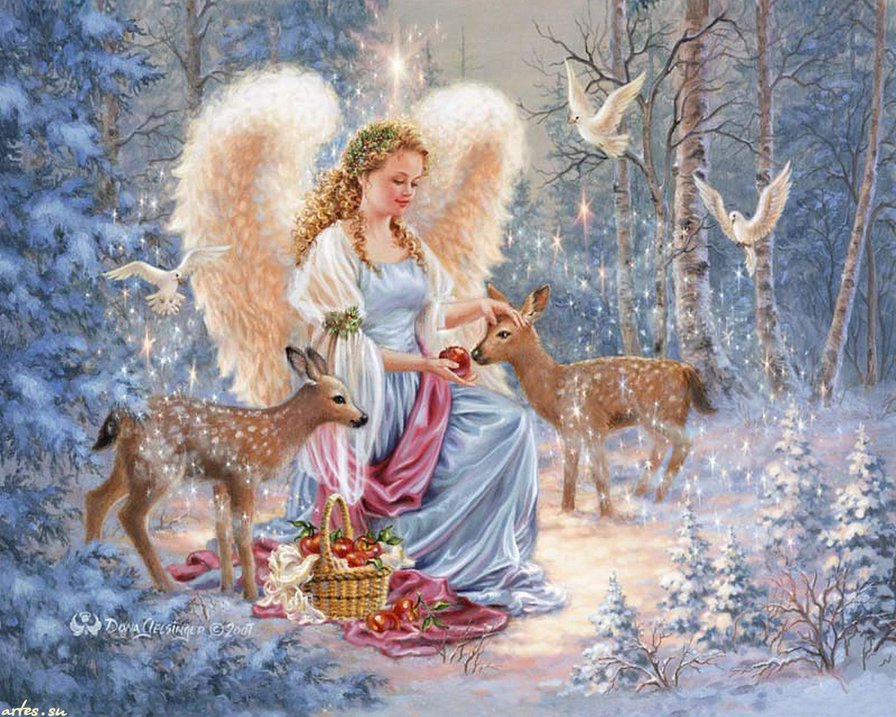Девочка-ангелок - рождество, зима, ангел, девочка, дети, лес, голуби, олени - оригинал