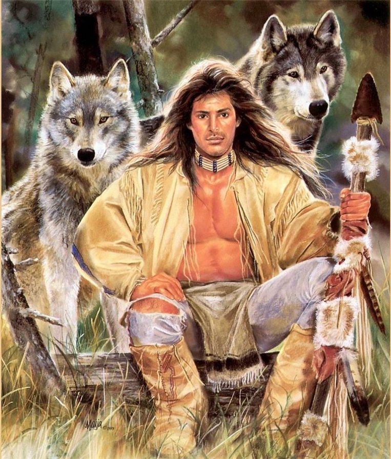 индеец - волки, картина, мужество, индейцы, мужчины, мужчина - оригинал