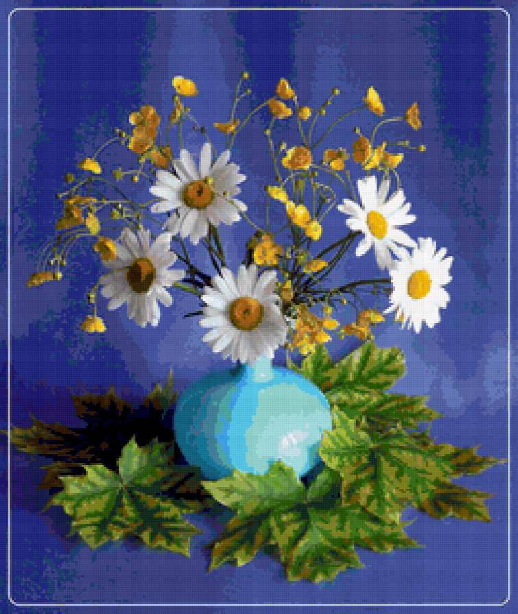 ромашки в голубой вазе - ромашки, ваза, цветы, букет - предпросмотр