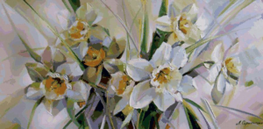 №59243 - цвкты, нарцис, подушка, живопись, букет - предпросмотр