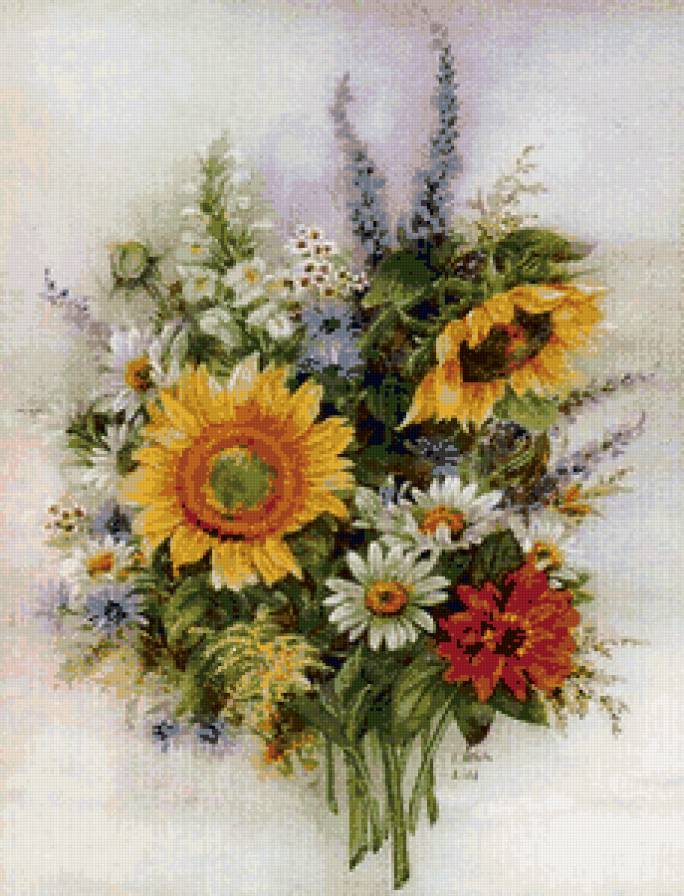 №59257 - цветы, подсолнухи, подушка, живопись, картина, букет - предпросмотр