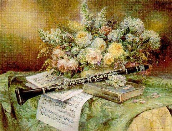 Музыка - цветы, натюрморт, музыкальные инструменты, букет - оригинал