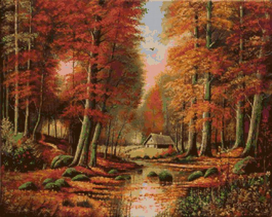Золотая осень - деревья, природа, домик, река, осень, пейзаж, красота природы - предпросмотр