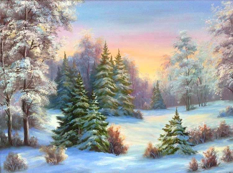 Зимний вечер - картина, пейзаж, зима - оригинал
