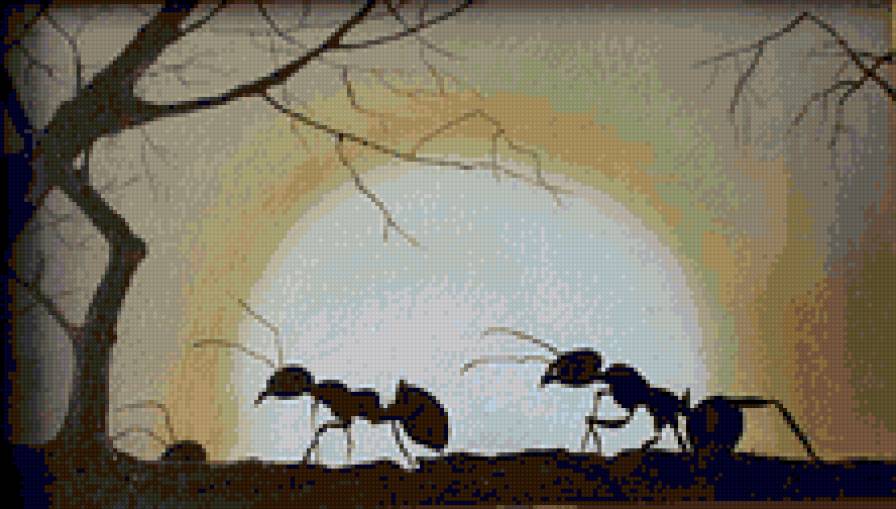 Муравьи - насекомые, деревья, солнце, природа, букашки, муравьи, силуэт - предпросмотр