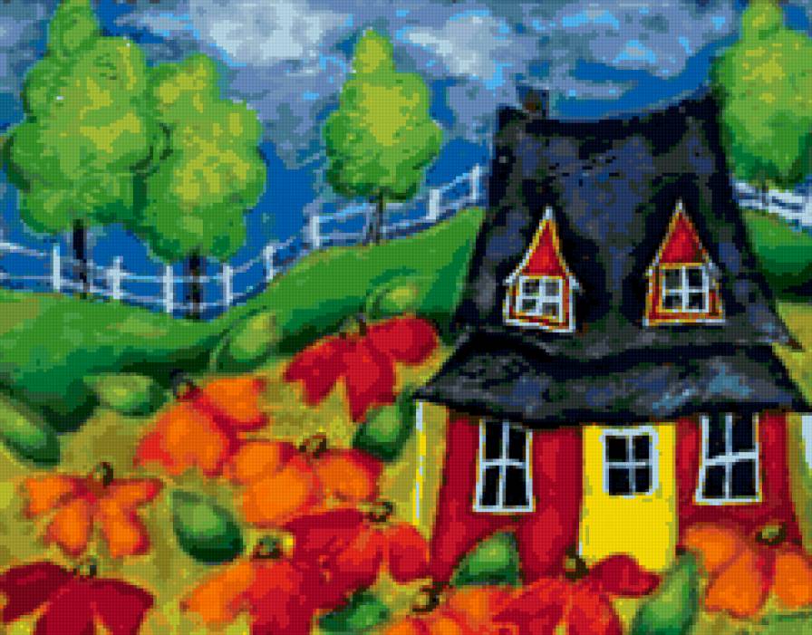 Летний домик - букет, домик, природа, цветы, лето, живопись, солнце - предпросмотр