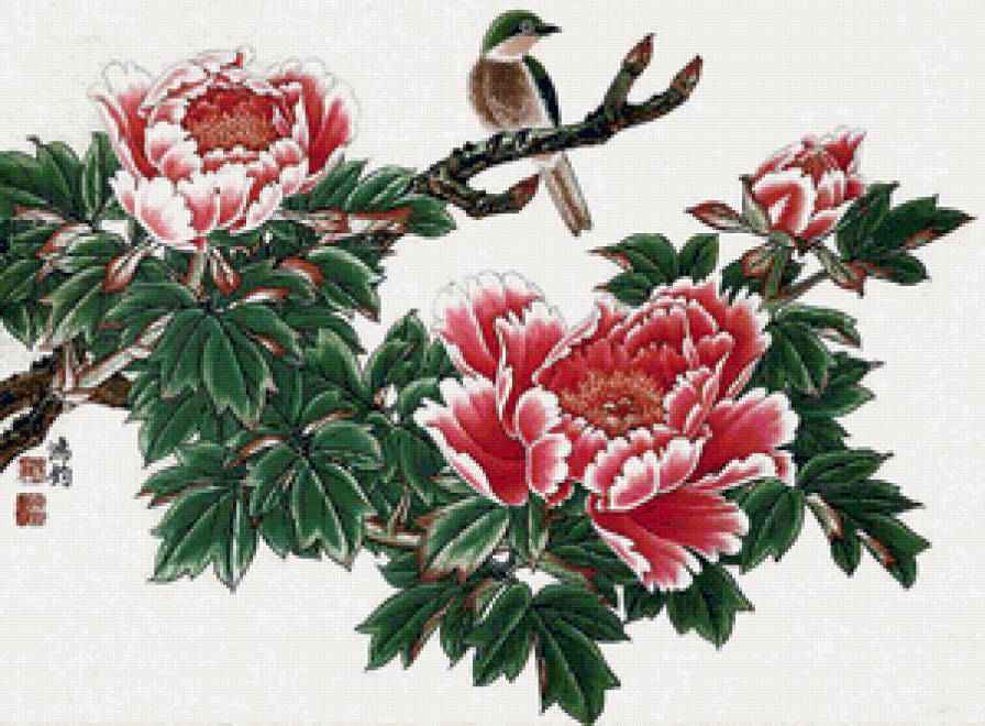 Китайская живопись - цветы и птицы, картина - предпросмотр