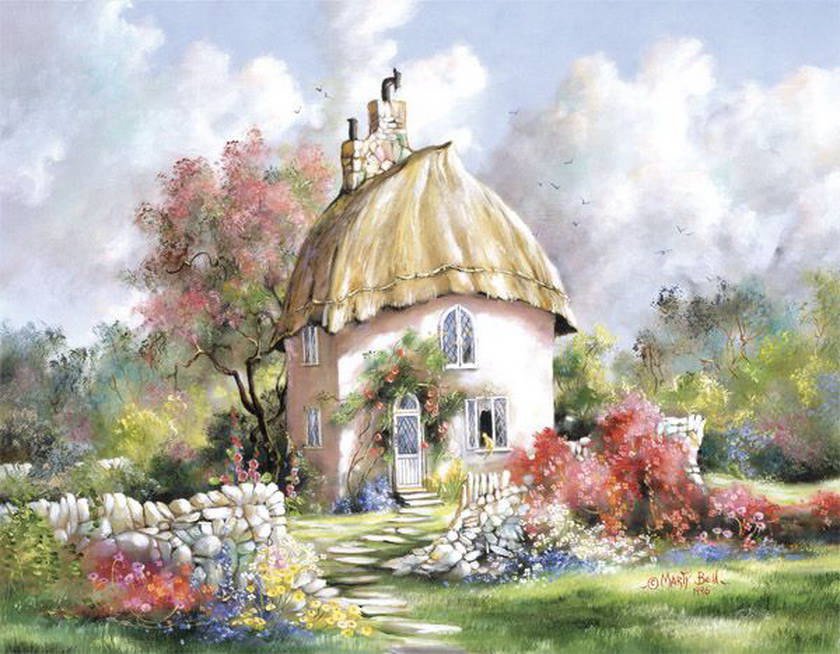Дом - природа, дом, цветы, деревья, картина - оригинал