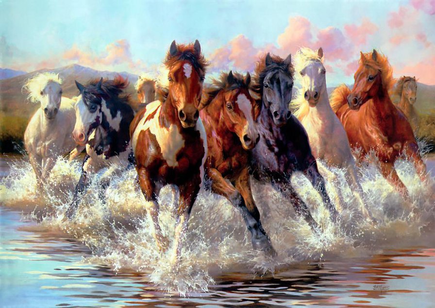 в танце водяных брызг - картина, лошади, брызги, вода - оригинал