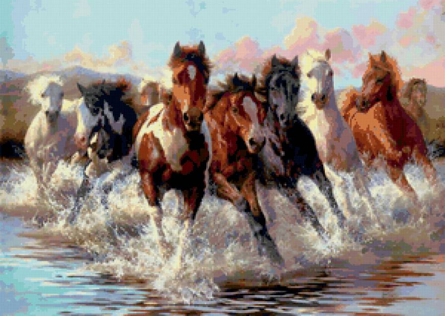 в танце водяных брызг - вода, картина, брызги, лошади - предпросмотр