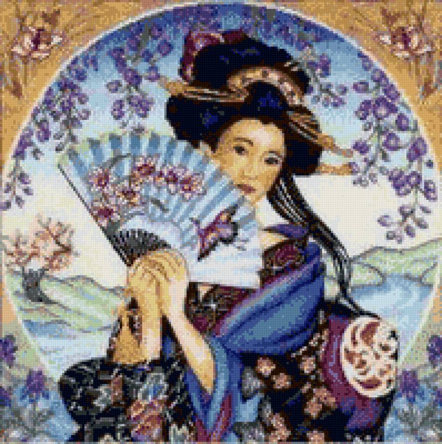 Кимоно - веер, девушка, восток, цветы - предпросмотр